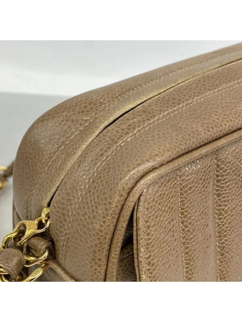 Chanel Shoulder Bag Mademoiselle Jumbo CC Logo Caviar Leather Light Brown Gold